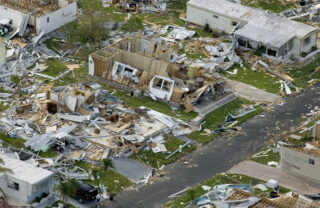 aerial view of mobile home debris scattered over several lots after Hurricane Michael