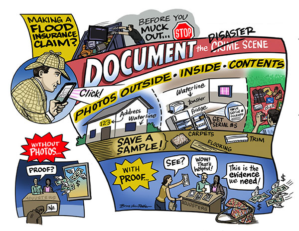 Cartoon showing things you need to do after a disaster 
