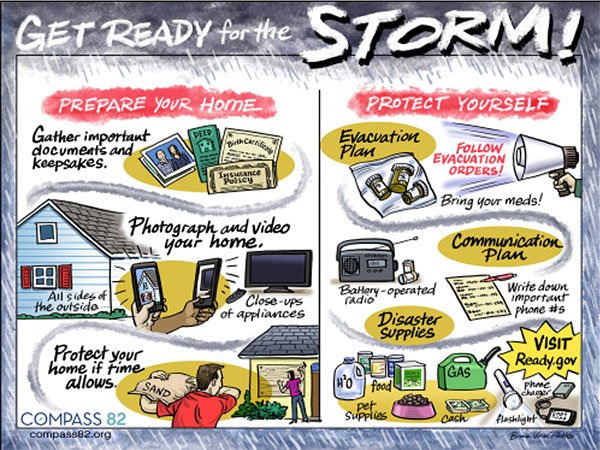 Cartoon showing what to do to prepare for a major storm